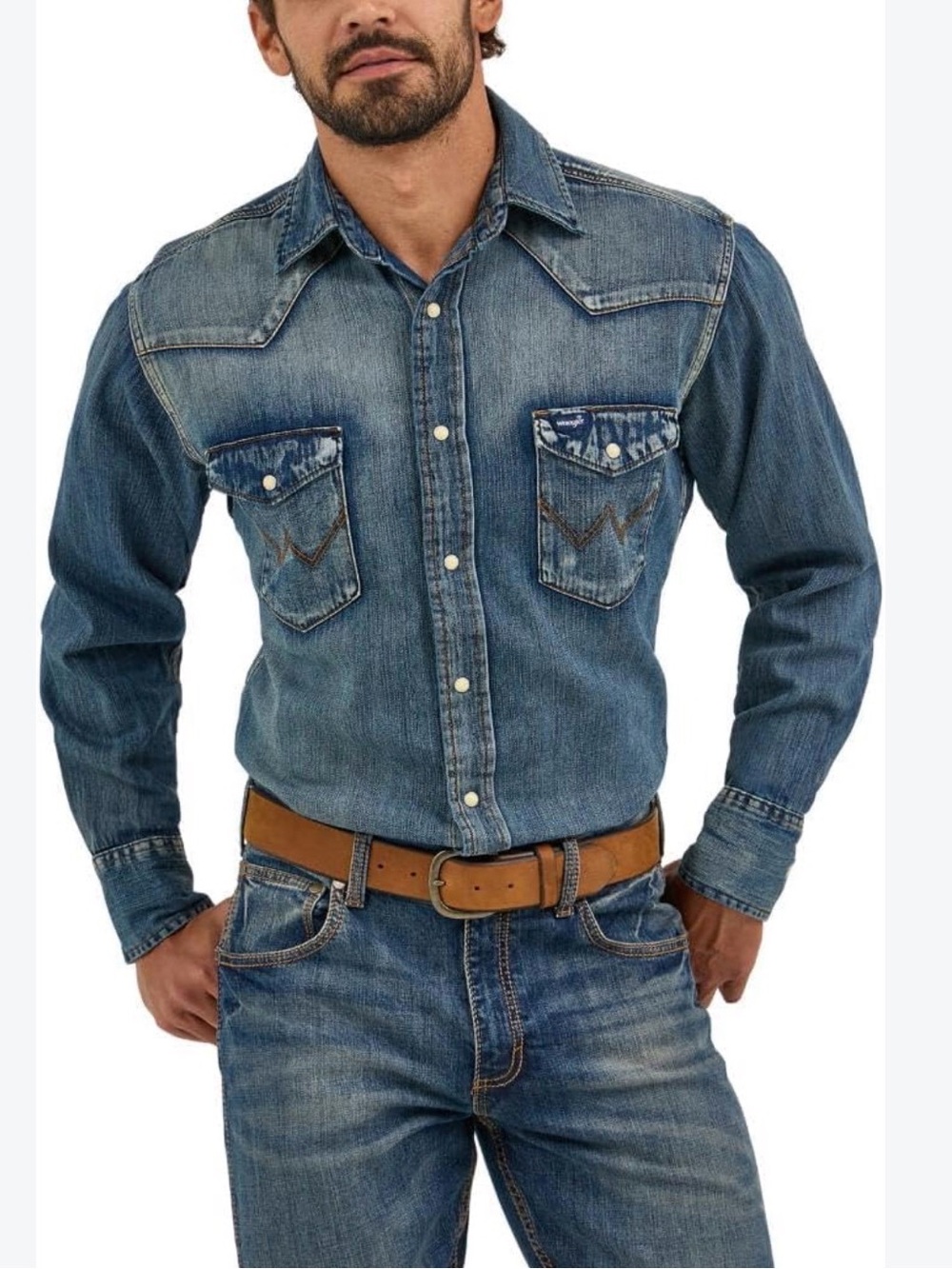 Wrangler Blue Denim Pearl Snap Western Shirt with Pockets Men size Large